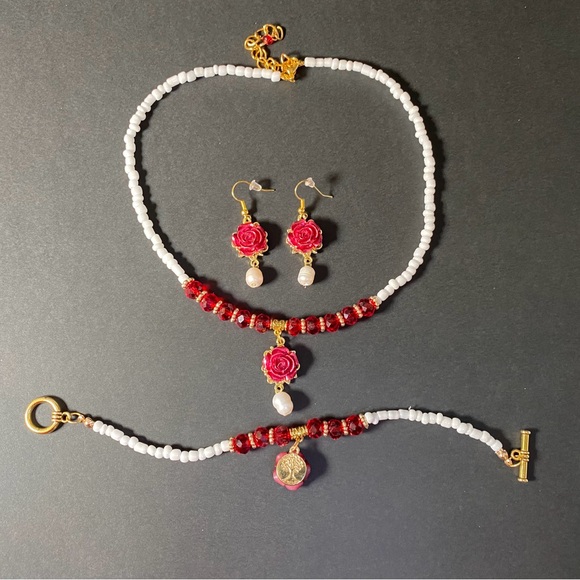 Handmade Red Rose-White Beaded Choker with Natural Freshwater Pearl Jewelry Set - Picture 3 of 11